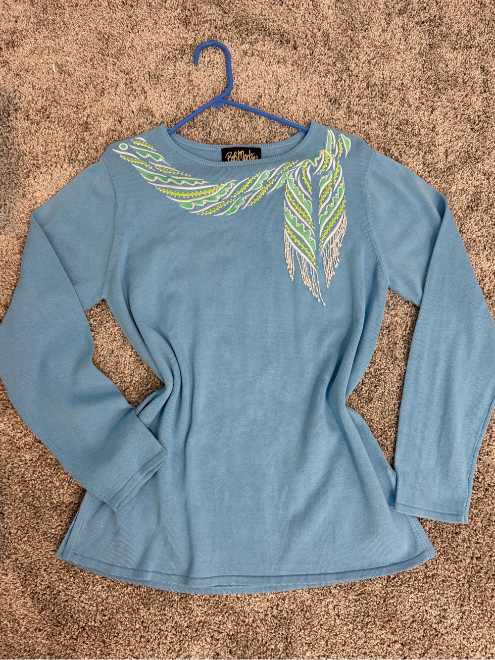 Bob Mackie Light Blue Long-Sleeve Top with Beaded Scarf Motif medium
